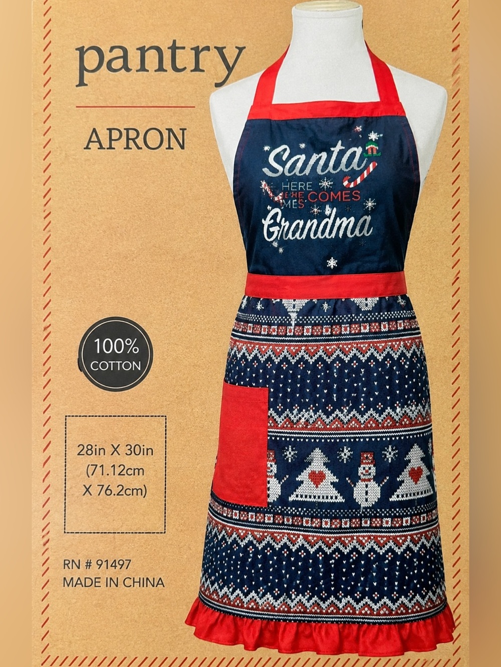 Santa Here Comes Grandma Christmas Apron 100% Cotton Ruffle Holiday Kitchen NWT